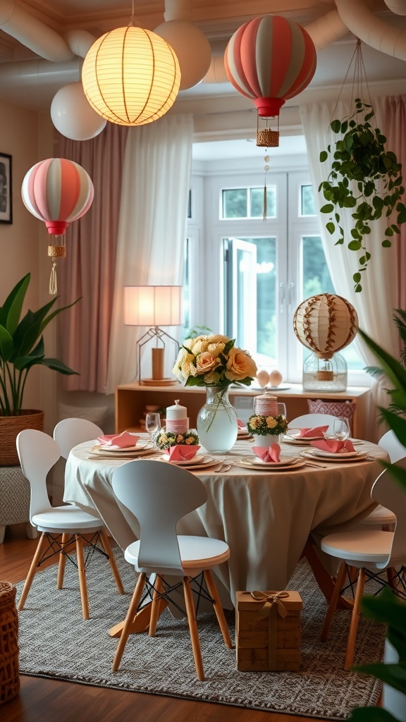 A cozy nursery setting decorated for a balloon-themed baby shower, featuring a table with floral arrangements and colorful hanging balloons.