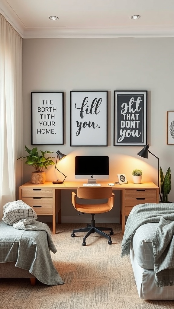 A cozy bedroom office setup featuring three framed wall art pieces with motivational quotes.