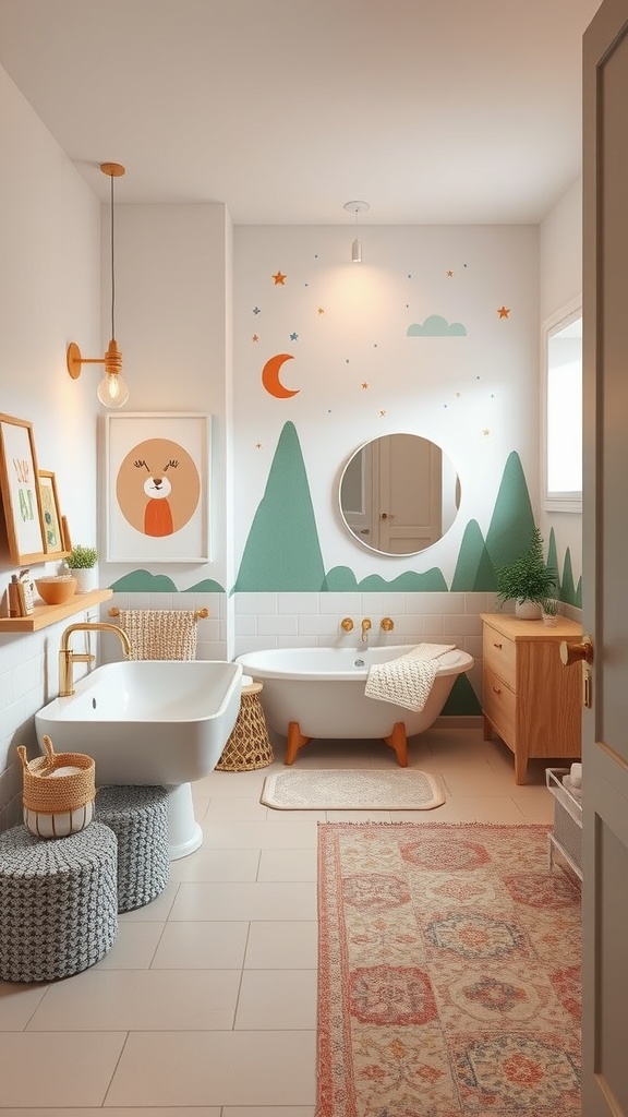 A colorful kids bathroom featuring playful wall art and a mural of mountains and clouds.