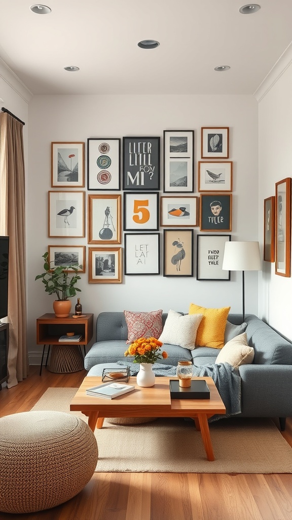 A cozy living room featuring a gallery wall with various framed artworks, a comfortable sofa, and a coffee table.