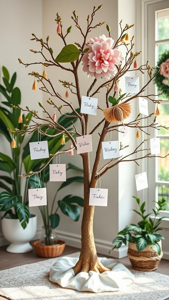 Decorative tree with wish cards for a baby shower