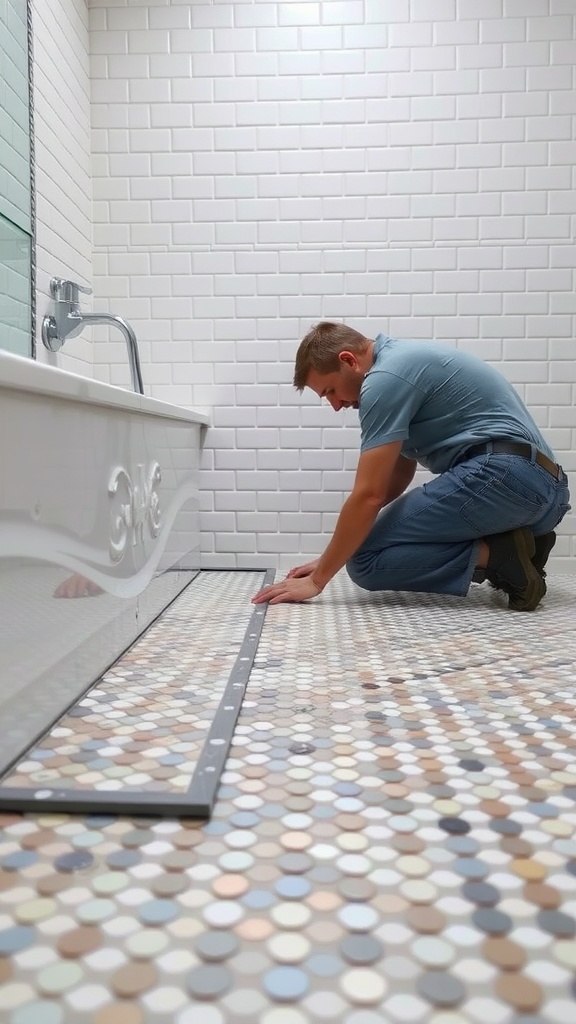 Person installing penny tiles on a bathroom floor.