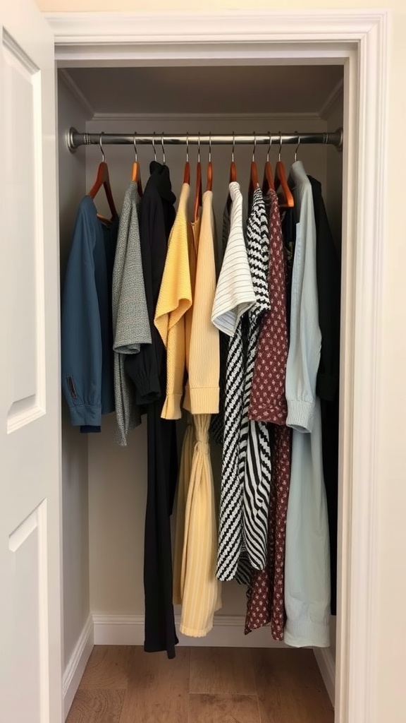 A small closet with a single rod displaying a variety of shirts in neat order.