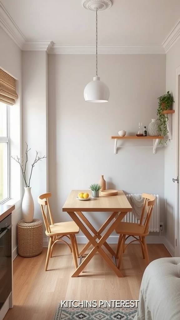 A small kitchen featuring a wall-mounted folding table with two chairs, a pendant light, and decorative plants.