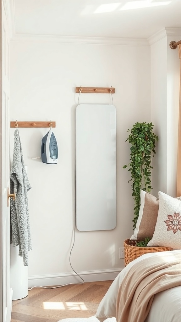 A wall-mounted ironing board in a small utility room with an iron and a plant