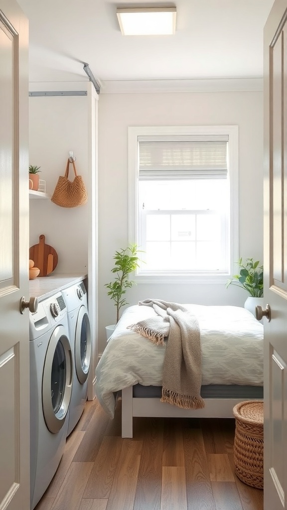 A small laundry room featuring pocket doors, a washing machine, and a cozy bed.