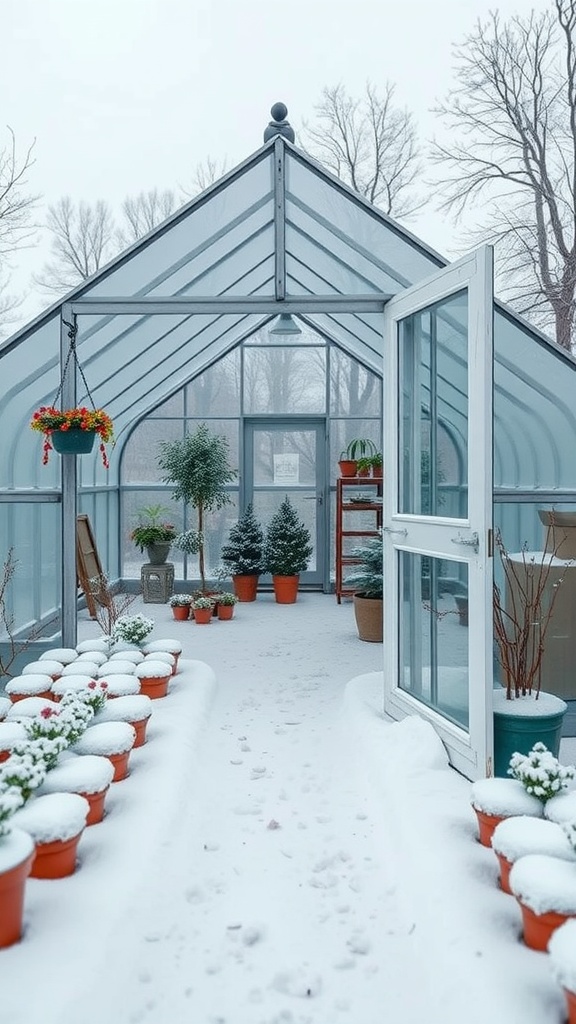 A beautiful insulated greenhouse with snow-covered pots and a clear entrance.
