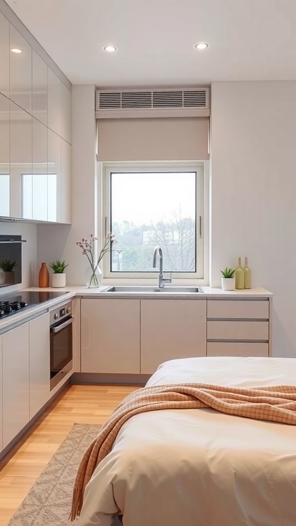 A modern Japandi kitchen with integrated appliances, featuring sleek cabinetry, a window with natural light, and decorative plants.