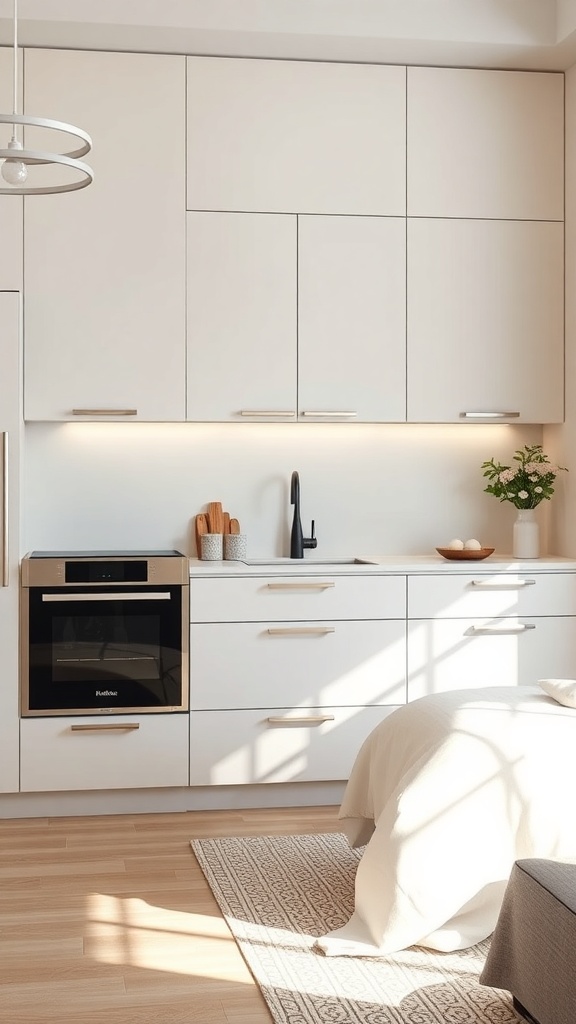 A minimalist kitchen featuring integrated appliances, white cabinetry, and a clean design.