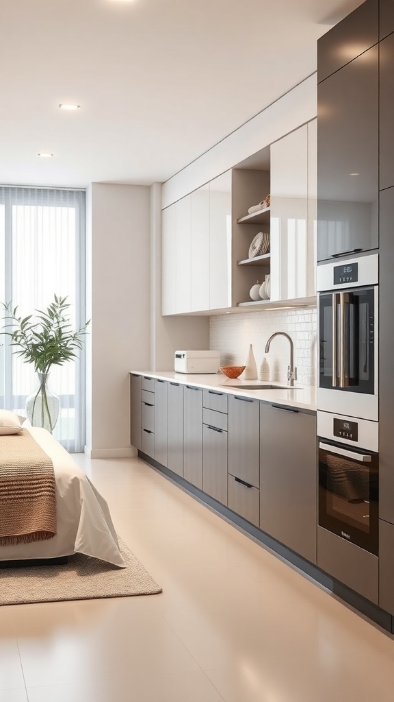 A modern kitchen with integrated appliances and sleek cabinetry.