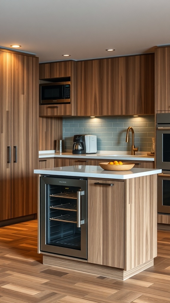 A modern kitchen island with a wine cooler, showcasing integrated appliances.