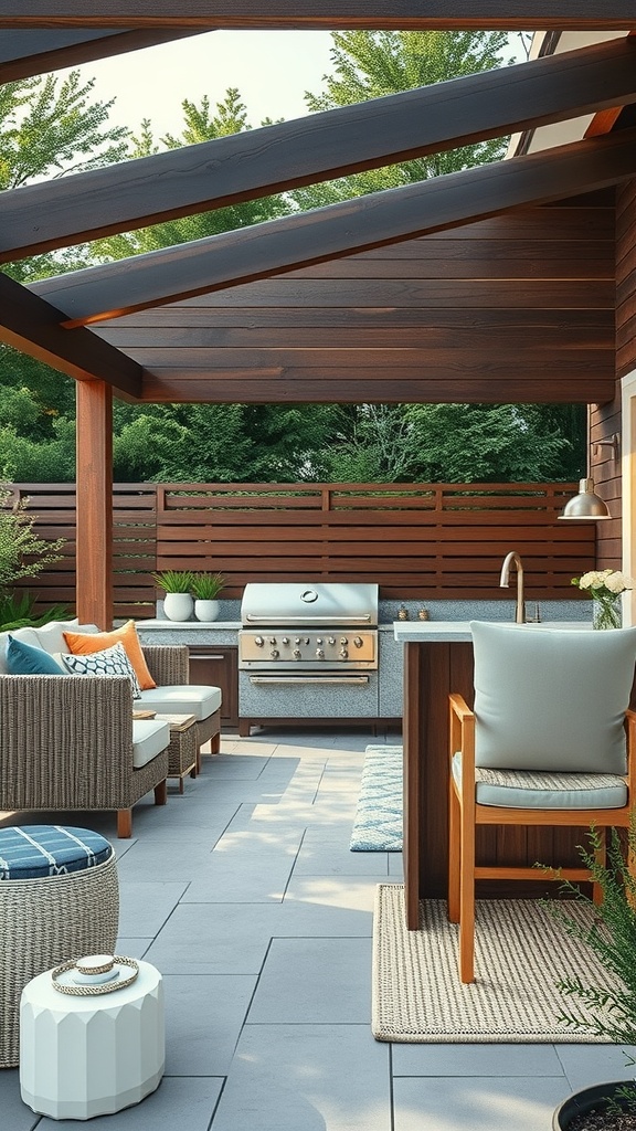 Stylish outdoor kitchen with integrated bar area, featuring a grill and comfortable seating.