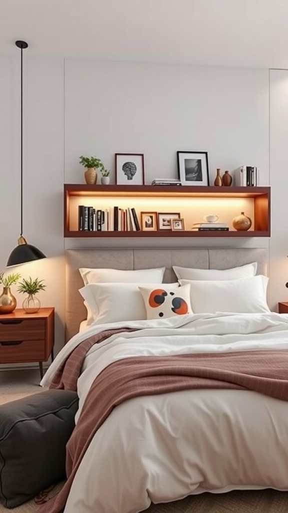 Cozy bedroom with integrated bedside lighting and shelving above the bed