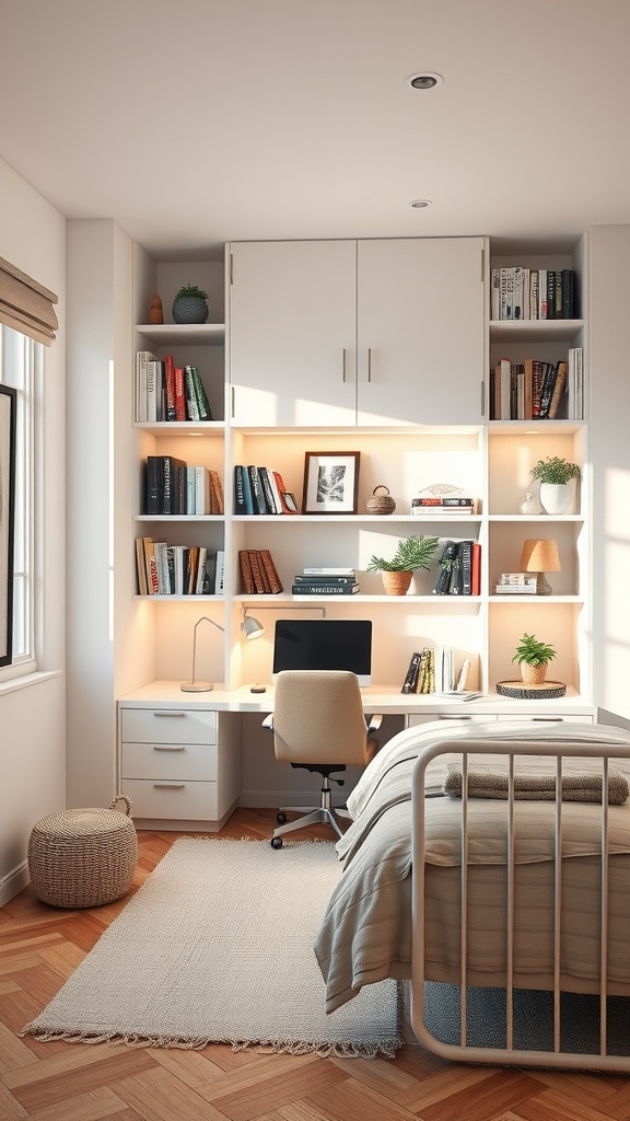 A modern home office with integrated bookshelves, a desk, and a cozy bed.
