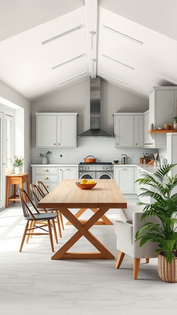 A modern kitchen with a large wooden dining table, sleek cabinets, and plenty of natural light.