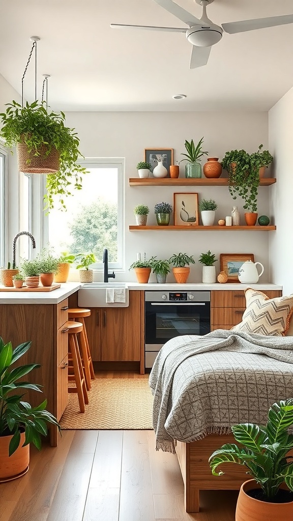 A modern kitchen with integrated indoor gardens featuring various plants in pots and hanging baskets.