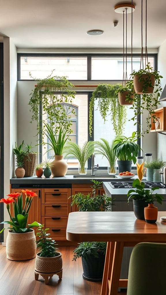 A Japandi-style kitchen featuring various indoor plants, including hanging greenery and potted flowers, creating a lively and inviting atmosphere.