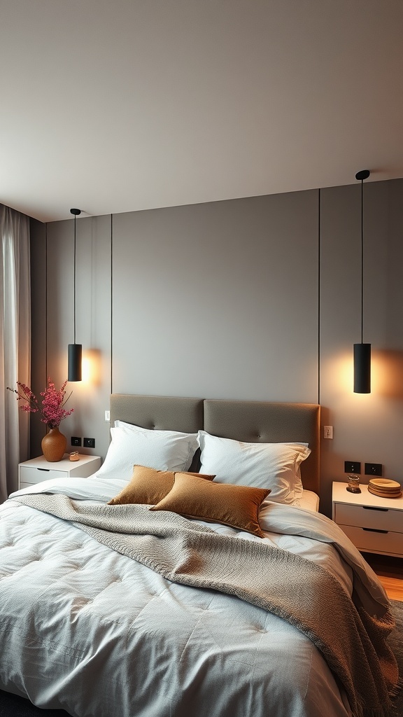 Modern bedroom featuring integrated LED sconces beside the bed