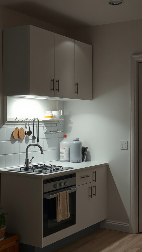 A small kitchen featuring integrated lighting with under-cabinet and ceiling lights.