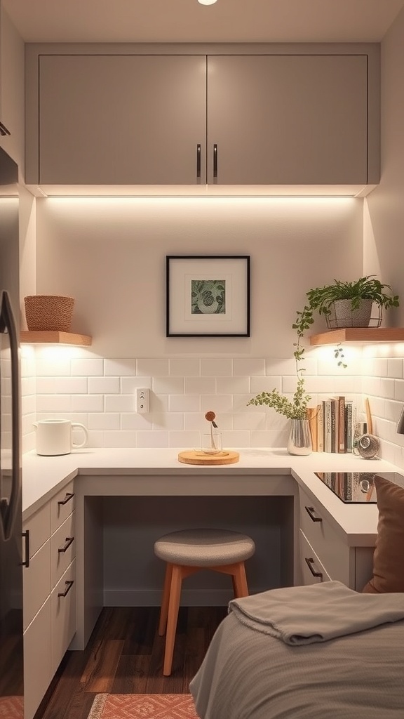 A cozy tiny kitchen with integrated lighting, featuring under-cabinet lights, plants, and a small workspace.