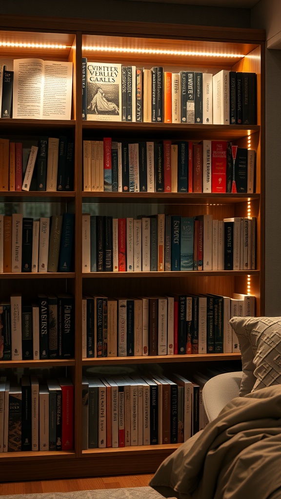 A bookshelf with integrated LED lighting showcasing various books in a cozy bedroom setting.