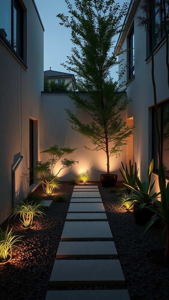 A modern minimalist courtyard garden at dusk, featuring integrated lighting solutions highlighting a stone pathway and surrounding greenery.
