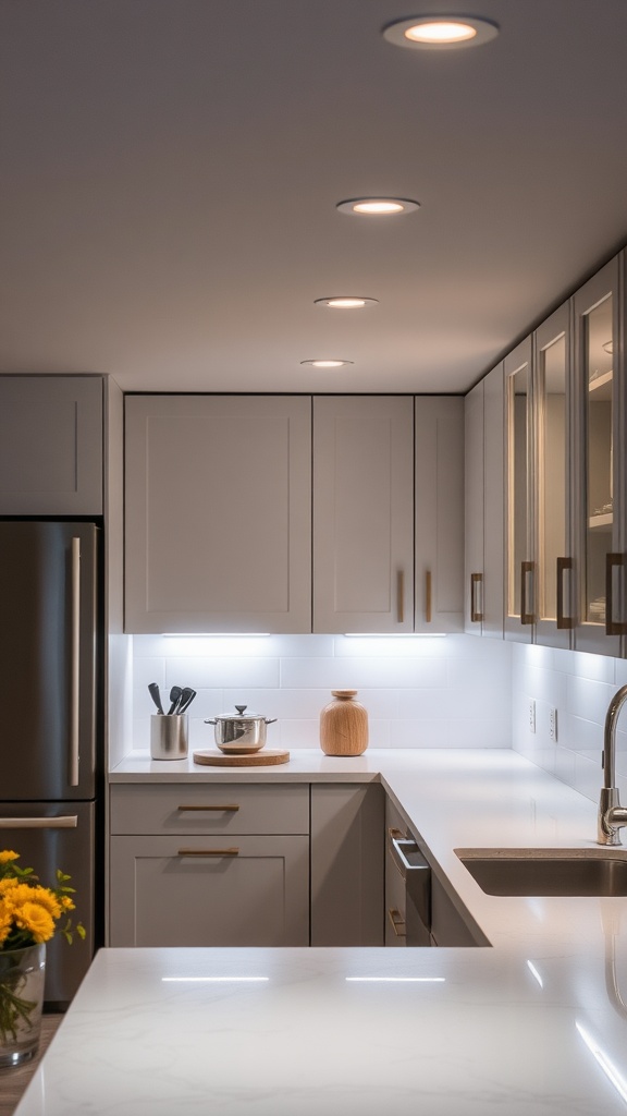 Modern kitchen with integrated recessed lighting and under-cabinet lights