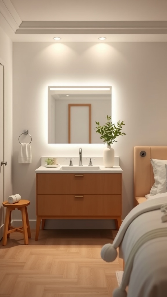 A modern bathroom vanity with integrated lighting, featuring a wooden cabinet, a mirror with soft lights, and a small plant.