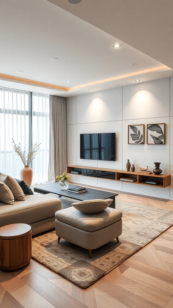 A modern living room featuring an integrated media console with a TV, stylish decor, and a cozy seating area.