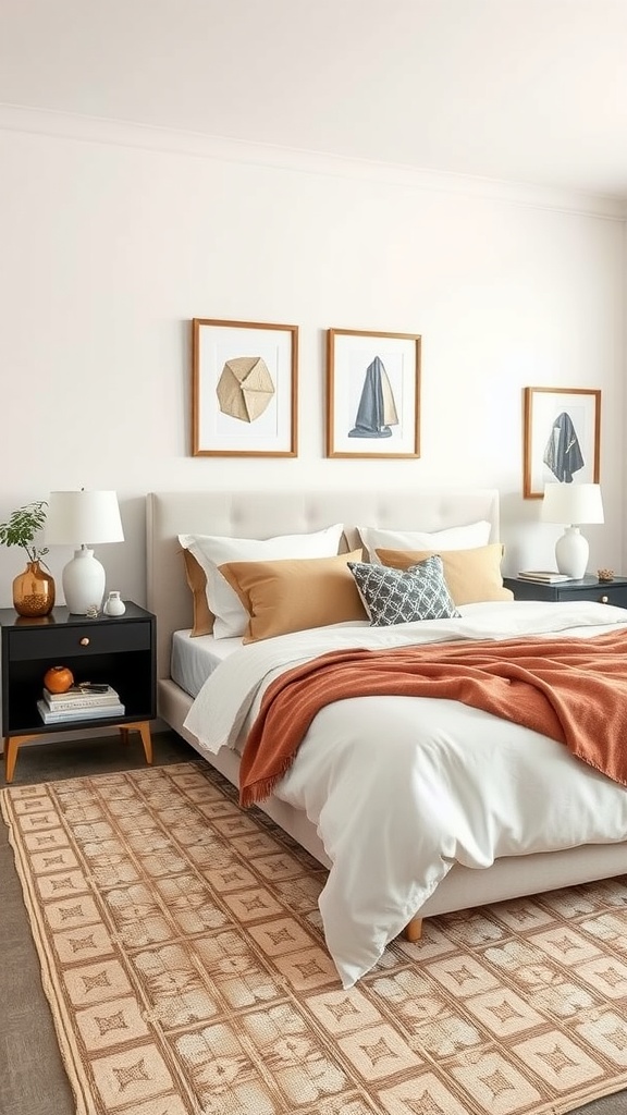 A cozy bedroom featuring integrated nightstands with hidden compartments, a neatly made bed, and decorative artwork on the walls.