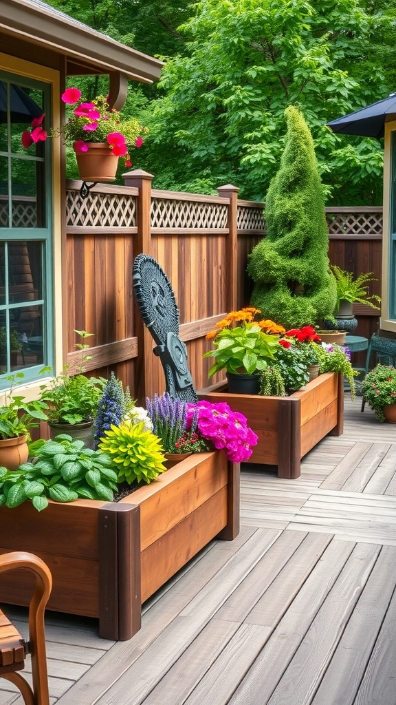 Wooden integrated planter boxes filled with colorful flowers on a backyard deck