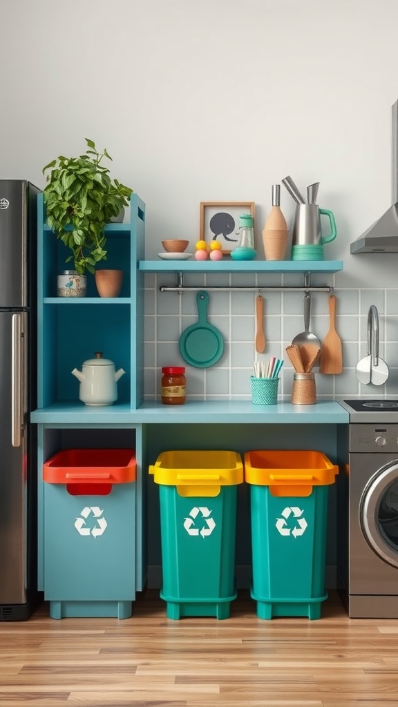 A colorful kitchen recycling center with bins for waste sorting and a plant on the countertop.