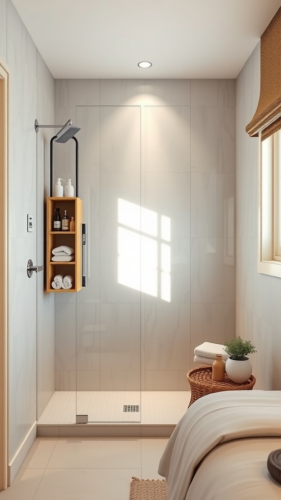 A modern walk-in shower featuring integrated wooden shelving with toiletries and towels.