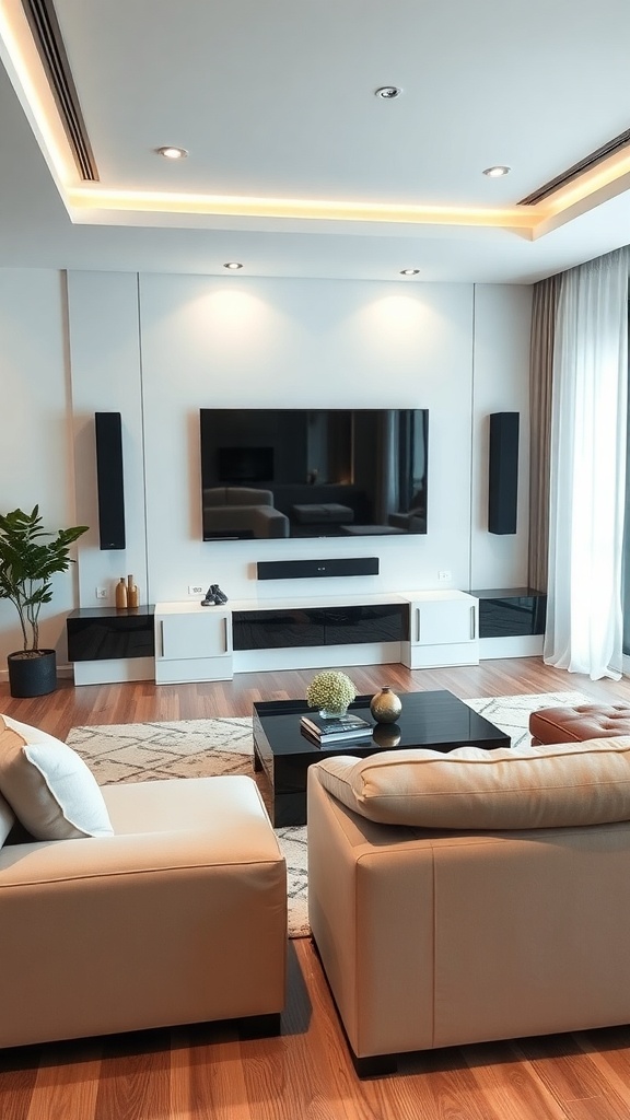 A modern living room with a wall-mounted TV and integrated sound system, featuring stylish furniture and a cozy atmosphere.