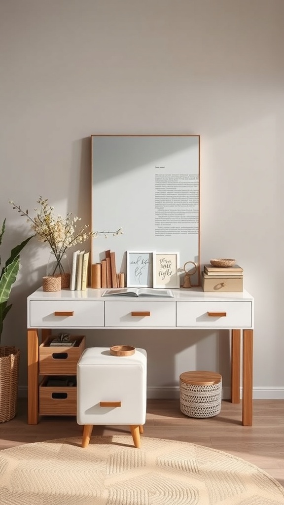 A modern dressing table with integrated storage solutions, featuring drawers, baskets, a mirror, and decorative items.