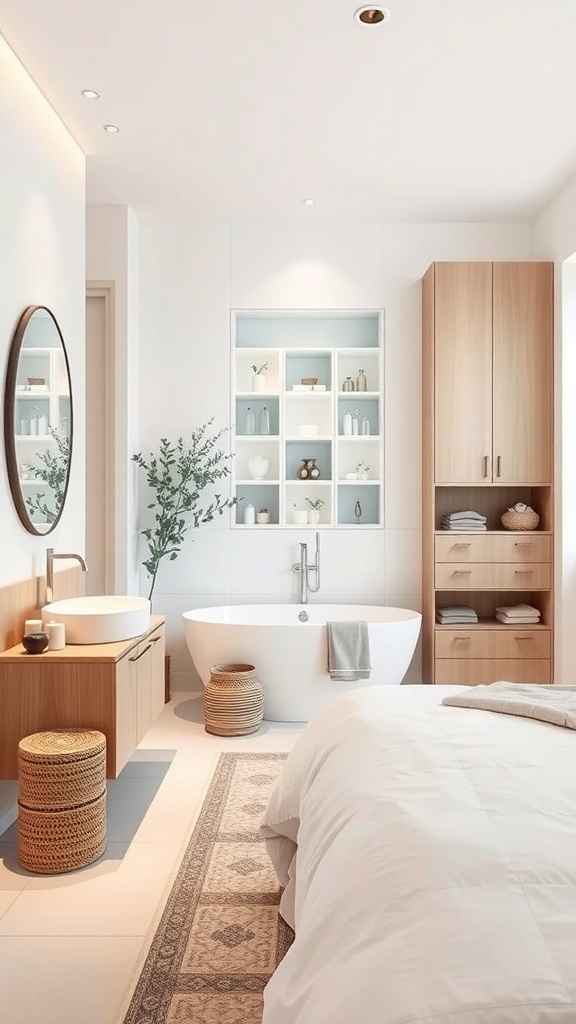 A modern luxury bathroom featuring integrated storage solutions with wooden cabinetry and open shelving.