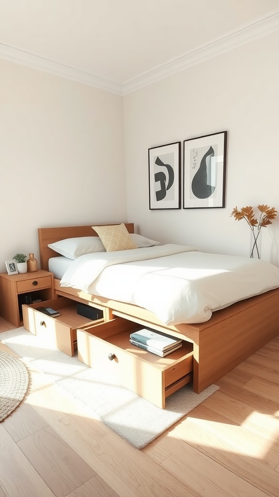 Cozy small bedroom with integrated storage under the bed, featuring light wood finish and organized drawers.