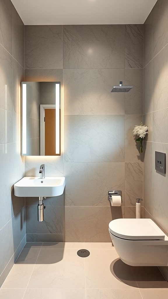 A modern small bathroom showcasing integrated technology features with a wall-mounted sink, stylish toilet, a smart mirror, and a rain shower.