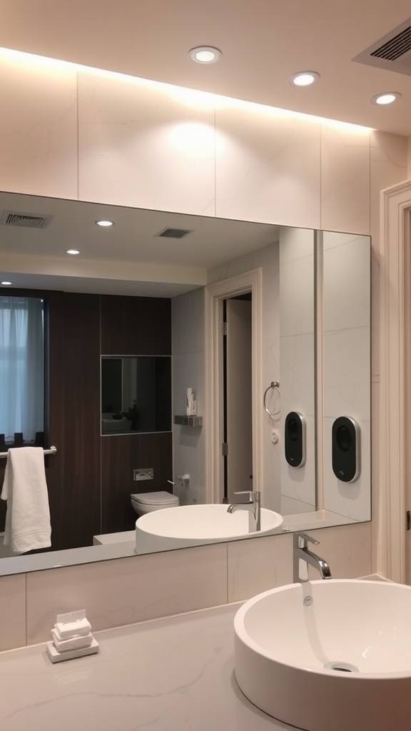 A modern bathroom featuring sleek design with integrated lighting and a smart mirror.
