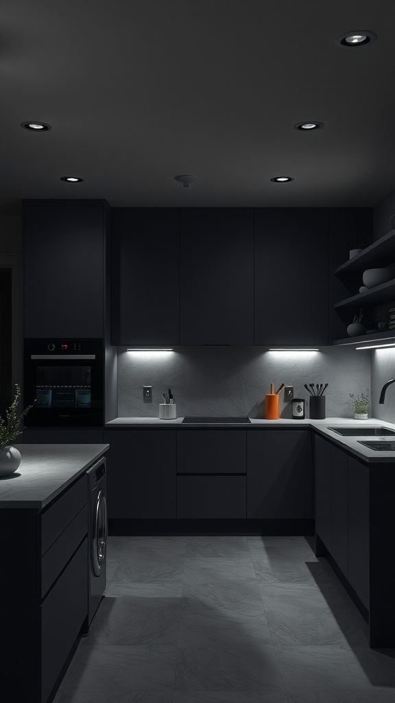 Modern kitchen with dark cabinetry and integrated lighting