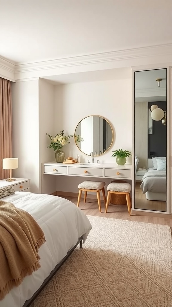 Integrated vanity in a bedroom with a round mirror, two stools, and storage drawers.