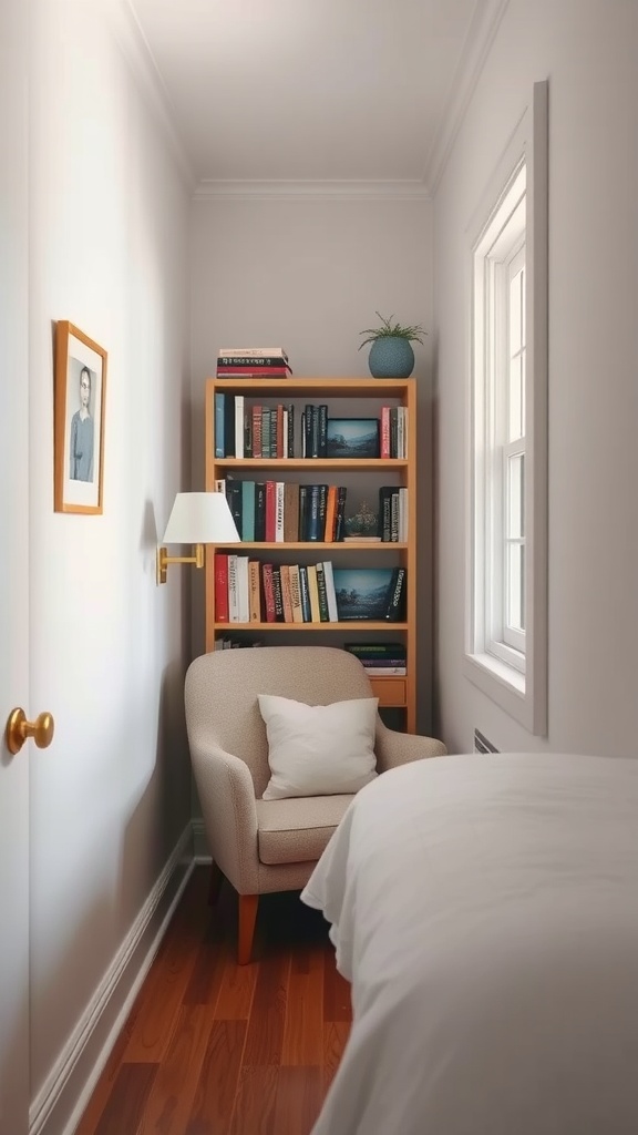Cozy reading nook in a long narrow bedroom with a chair and bookshelf