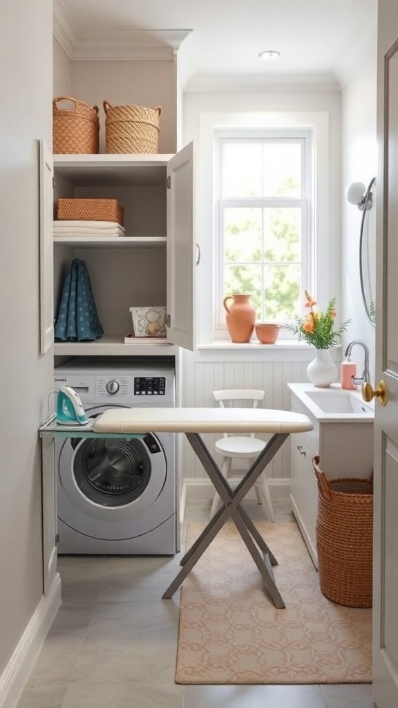 A small laundry room featuring a hidden ironing board, washing machine, and organized shelves.