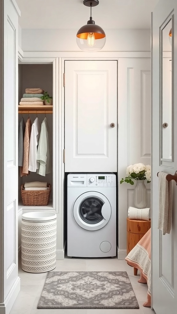 A bathroom closet featuring a washing machine, neatly folded towels, a laundry hamper, and decorative items.