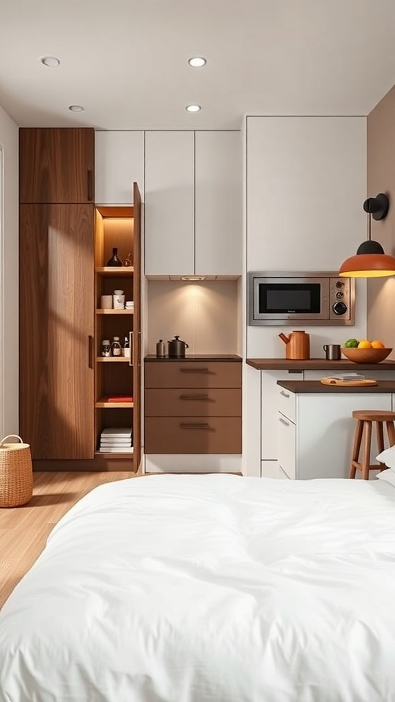 A modern small kitchen featuring a pull-out pantry integrated into the cabinetry.