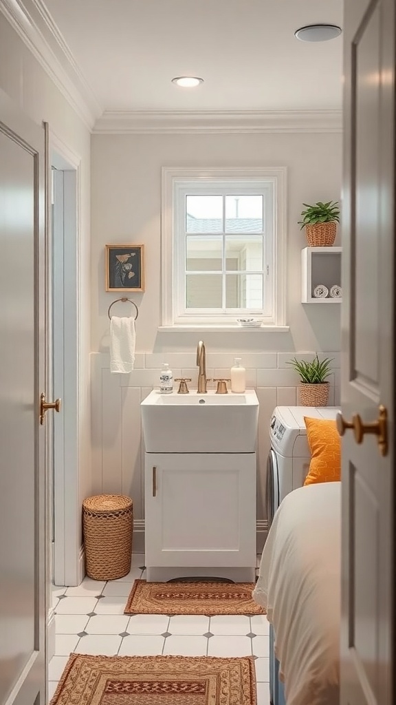A small utility room featuring a compact sink, washing machine, and warm decor.