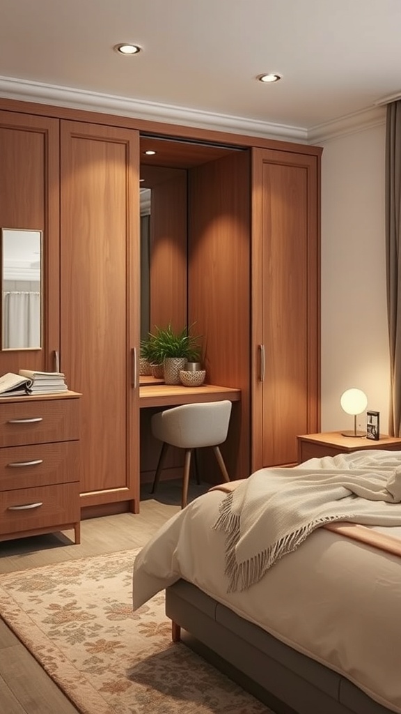 A bedroom featuring a wardrobe integrated with a vanity, showcasing warm wood tones, a comfortable chair, and soft lighting.