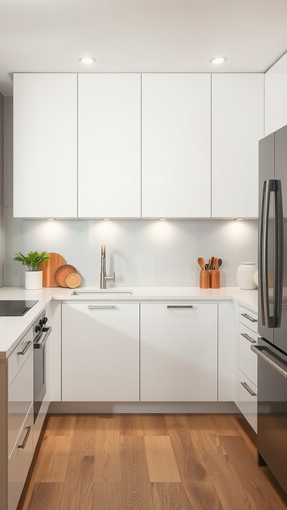 A modern small kitchen with integrated appliances and white cabinetry.