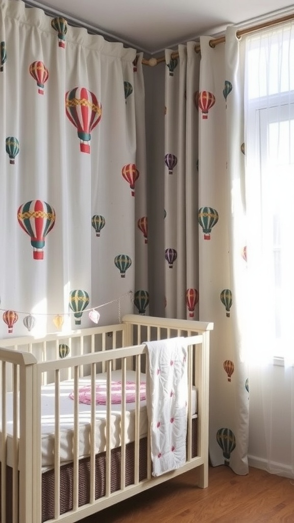 Nursery with hot air balloon patterned curtains and a crib.