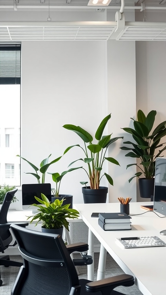 An office space featuring several black house plants in sleek pots, creating a fresh and inviting atmosphere.